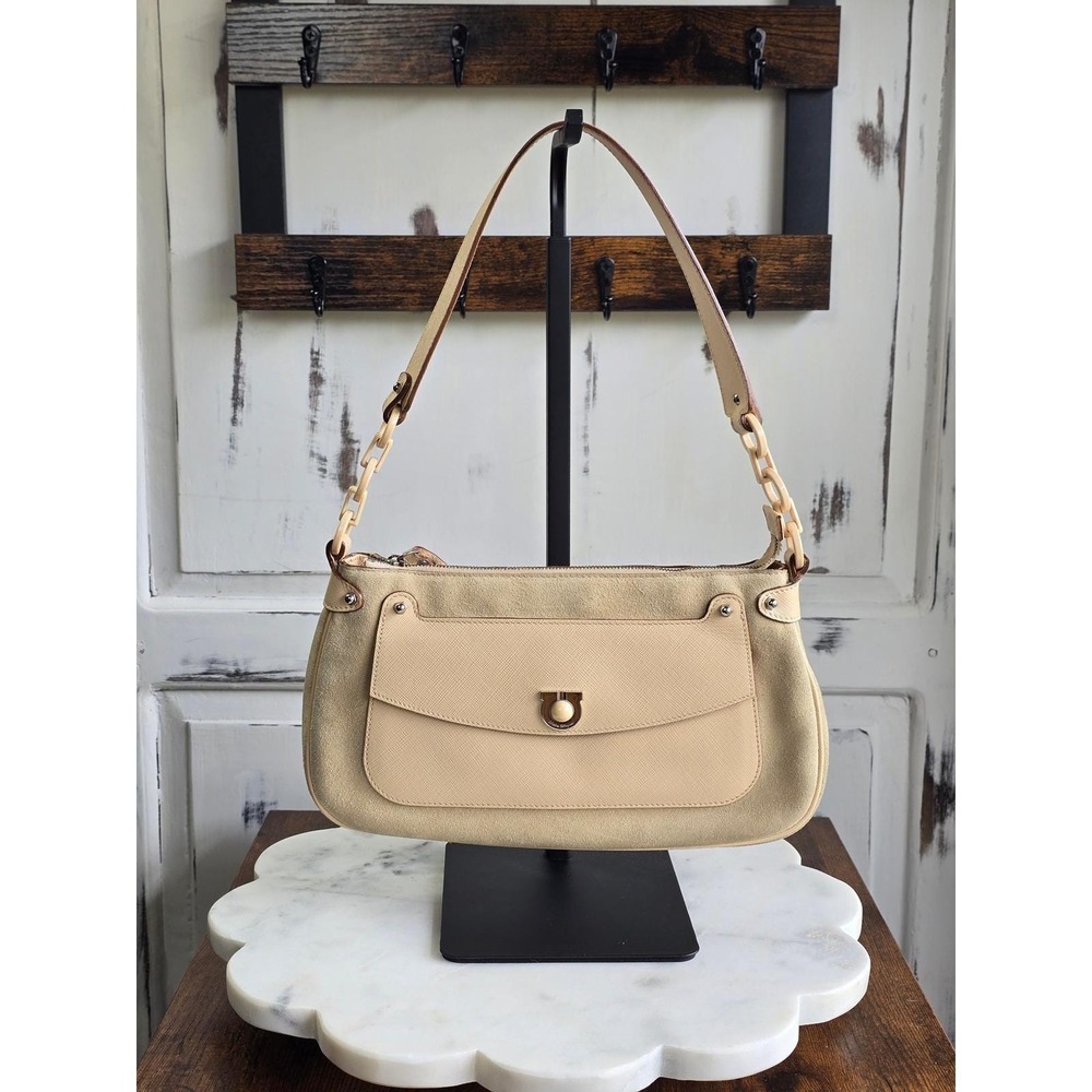 Salvatore Ferragamo Vintage Ivory Suede Shoulder Bag Silver Hardware COA